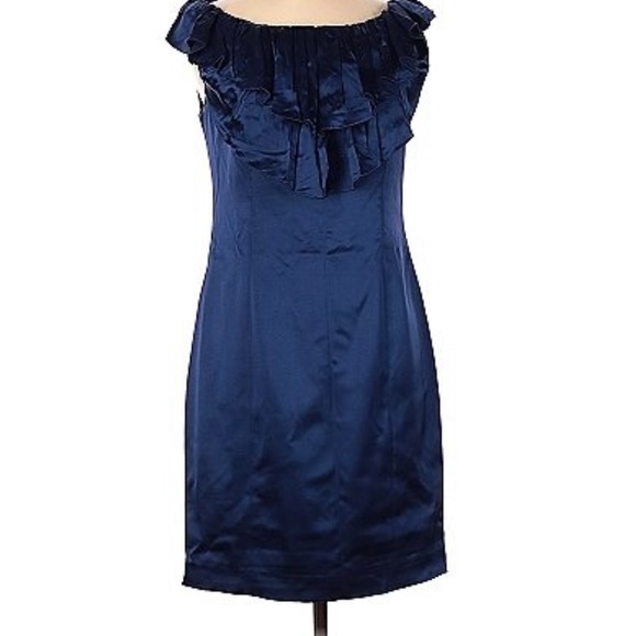 💙MARC BOUWER GLAMIT💙SILK RUFFLE SHIFT COCKTAIL DRESS IN NAVY BLUE💙 - Picture 1 of 10